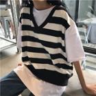 Elbow-sleeve Striped Mock Two-piece T-shirt