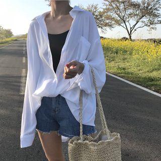 Pocket-front Sheer Boyfriend Shirt White - One Size