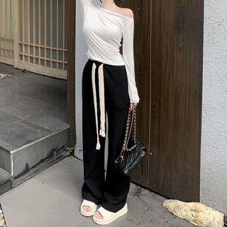 Long-sleeve One Shoulder Plain Slim Fit T-shirt / Elastic Waist Plain Straight Leg Sweatpants