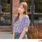 Smocked Cuff V-neck Floral Buttoned Too