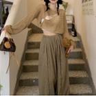 Long-sleeve Round Neck Perforated Crop Knit Top / Wide Leg Pants