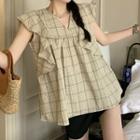 Sleeveless Ruffle Trim V-neck Plaid Top Plaid - One Size