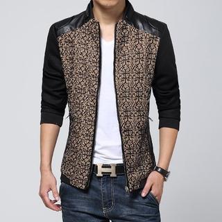 Faux Leather Panel Pattern Zip Jacket