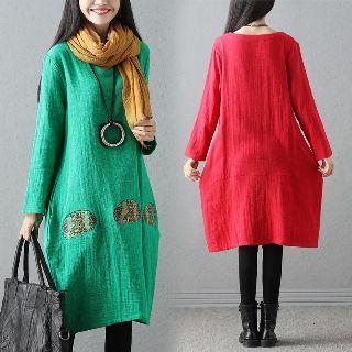 Long-sleeve V-neck Embroidery Dress