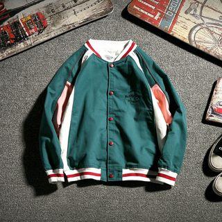 Color Block Lettering Embroidered Buttoned Baseball Jacket