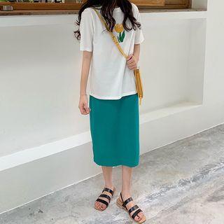 Flower Print Elbow-sleeve T-shirt / Midi Straight-fit Skirt