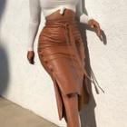 Asymmetrical Slit Faux Leather Midi Pencil Skirt