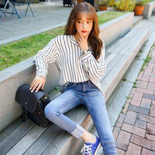 Bishop-sleeve Stripe Long Shirt Navy Blue - One Size