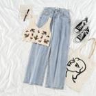 Floral Embroidered Pointelle Knit Tank Top / Washed Straight-cut Jeans