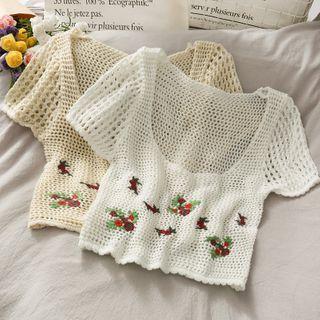 Embroidered Open-knit U-neck Crop Top
