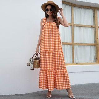 Sleeveless Gingham Maxi Shift Dress