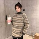 Mock-neck Patterned Sweater Light Brown & Gray - One Size