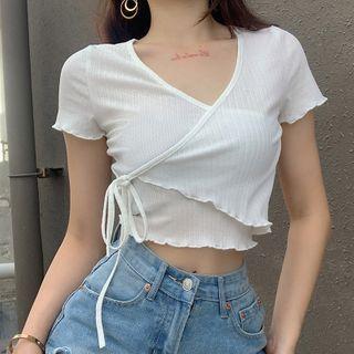 Short-sleeve Knit Wrap Crop Top