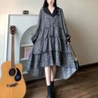 Puff-sleeve Floral Print A-line Layered Dress