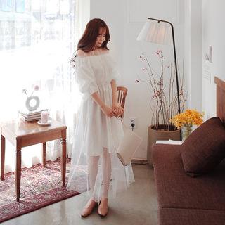 Off-shoulder Dotted Mesh-overlay Dress