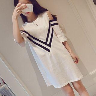 Contrast Trim Cut Out Shoulder Elbow Sleeve T-shirt Dress