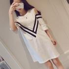 Contrast Trim Cut Out Shoulder Elbow Sleeve T-shirt Dress
