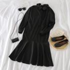 Long-sleeve Plain Pleated Shirt Dress Black - One Size