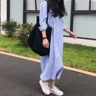 Short-placket Stripe Maxi Shirtdress Blue - One Size