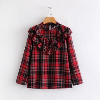 Long-sleeved Gingham Frill Top