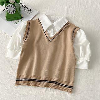 Mock Two-piece Short-sleeve Knit Panel Blouse