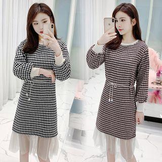 Long-sleeve Houndstooth Mesh Panel Midi Dress