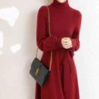 Turtleneck Puff-sleeve Midi Knit Dress