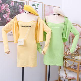 Set: Lettering Sleeveless Knit Dress + Light Cardigan