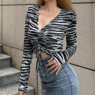 Long-sleeve Tiger Print Drawstring T-shirt Gray - One Size