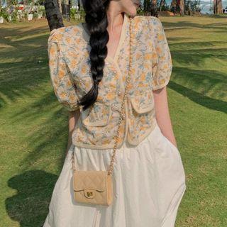 Short-sleeve Floral Print Button-up Blouse / Midi Skirt
