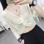 Long-sleeve Knotted Open Knit Cropped Top