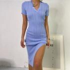 Short-sleeve Open-collar Knit Slit Sheath Dress