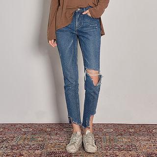 Cutout-hem Distressed Washed Tapered Jeans