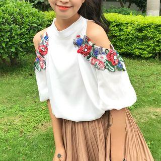 Open Shoulder Embroidered Chiffon Top
