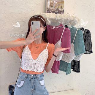 Set: Short-sleeve Shirred Blouse + Crochet Lace Camisole Top