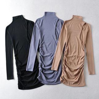 Long-sleeve Mock-neck Ruched Cutout Mini Sheath Dress