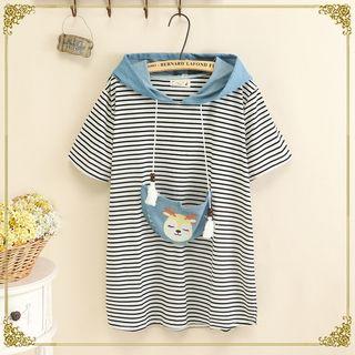 Striped Hooded Short-sleeve T-shirt As Shown In Figure - One Size