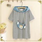 Striped Hooded Short-sleeve T-shirt As Shown In Figure - One Size
