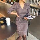 Puff-sleeve Houndstooth Midi Sheath Dress