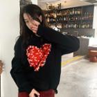 Heart Printed Sweater Black - One Size