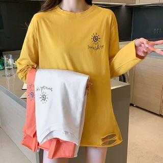 Long-sleeve Print Distressed T-shirt