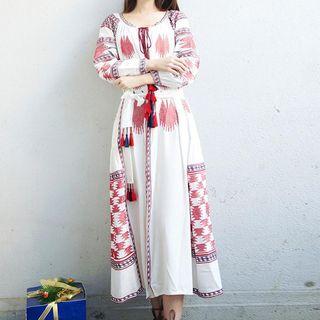 Embroidered Lantern-sleeve Midi A-line Dress