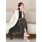 Tie-neck Gathered-waist Long Floral Chiffon Dress