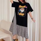 Mock Two-piece Short-sleeve Plaid Panel T-shirt Dress