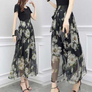 Short-sleeve Mock Two-piece Flower Print Dress