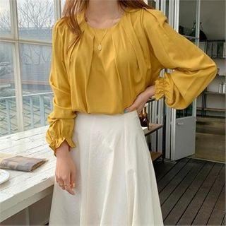 Bell-sleeve Pintuck-trim Top Mustard Yellow - One Size