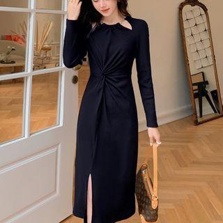 Long-sleeve Chained Twist Midi Sheath Dress