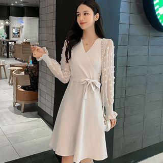 Long-sleeve Mesh Panel Knit Dress With Sash