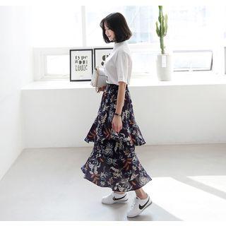 Band-waist Floral Long Tiered Skirt