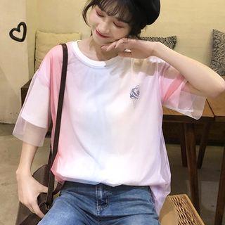 Mesh Overlay Short-sleeve T-shirt As Shown In Figure - One Size